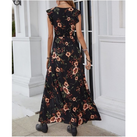 Boho Floral Print V neck Ruffle Cap Sleeve Maxi Dress - Picture 3 of 3